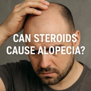 Man examining his scalp for hair loss caused by steroid use.